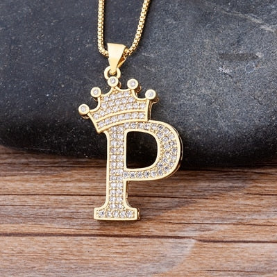 Luxury Diamond A-Z Crown Chain Pendant Necklace Hip-Hop Style Fashion