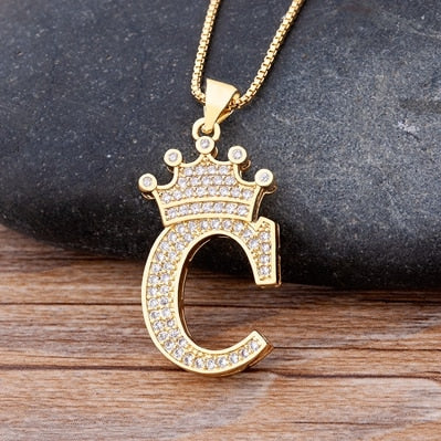 Luxury Diamond A-Z Crown Chain Pendant Necklace Hip-Hop Style Fashion