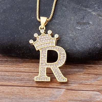 Luxury Diamond A-Z Crown Chain Pendant Necklace Hip-Hop Style Fashion