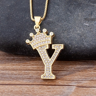 Luxury Diamond A-Z Crown Chain Pendant Necklace Hip-Hop Style Fashion