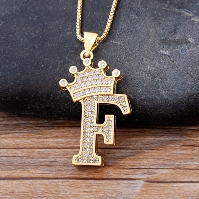 Luxury Diamond A-Z Crown Chain Pendant Necklace Hip-Hop Style Fashion