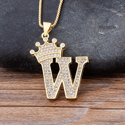 Luxury Diamond A-Z Crown Chain Pendant Necklace Hip-Hop Style Fashion