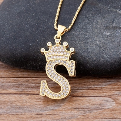 Luxury Diamond A-Z Crown Chain Pendant Necklace Hip-Hop Style Fashion