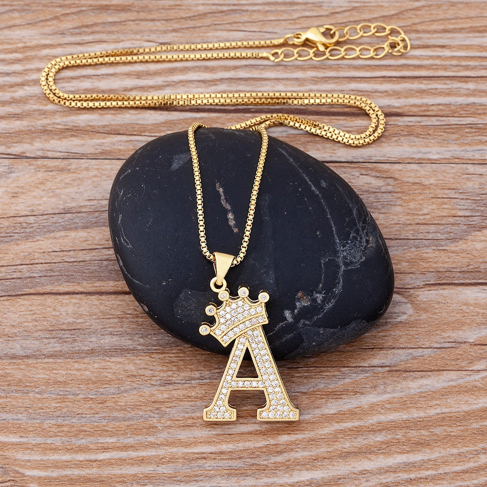 Luxury Diamond A-Z Crown Chain Pendant Necklace Hip-Hop Style Fashion