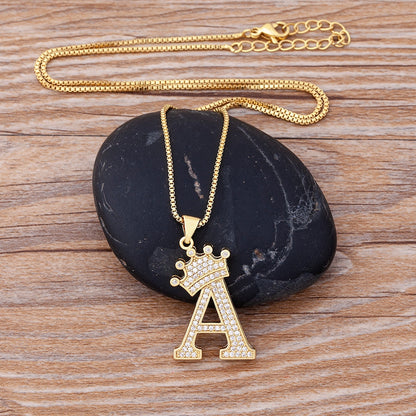 Luxury Diamond A-Z Crown Chain Pendant Necklace Hip-Hop Style Fashion