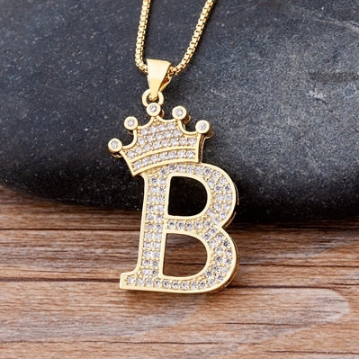 Luxury Diamond A-Z Crown Chain Pendant Necklace Hip-Hop Style Fashion