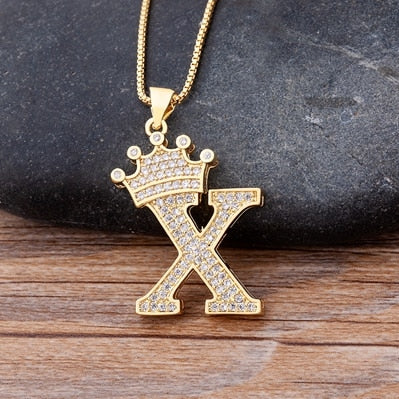 Luxury Diamond A-Z Crown Chain Pendant Necklace Hip-Hop Style Fashion