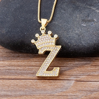 Luxury Diamond A-Z Crown Chain Pendant Necklace Hip-Hop Style Fashion