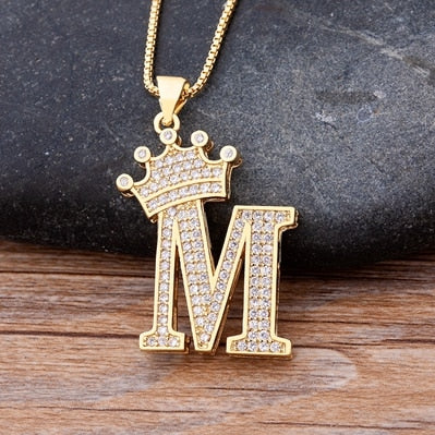 Luxury Diamond A-Z Crown Chain Pendant Necklace Hip-Hop Style Fashion