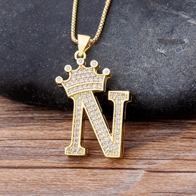 Luxury Diamond A-Z Crown Chain Pendant Necklace Hip-Hop Style Fashion