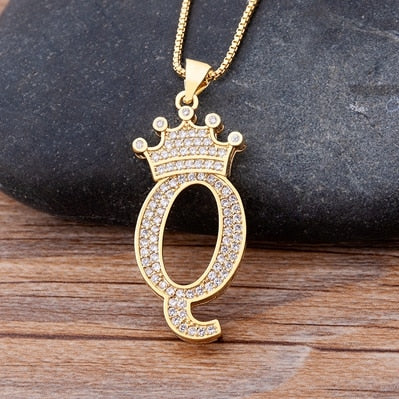 Luxury Diamond A-Z Crown Chain Pendant Necklace Hip-Hop Style Fashion