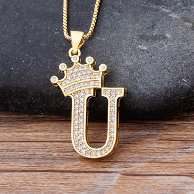 Luxury Diamond A-Z Crown Chain Pendant Necklace Hip-Hop Style Fashion