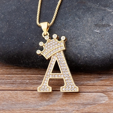 Luxury Diamond A-Z Crown Chain Pendant Necklace Hip-Hop Style Fashion