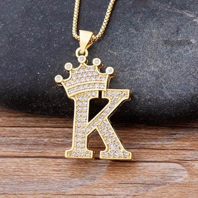 Luxury Diamond A-Z Crown Chain Pendant Necklace Hip-Hop Style Fashion