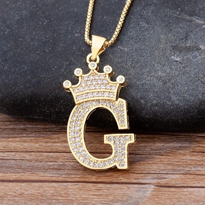 Luxury Diamond A-Z Crown Chain Pendant Necklace Hip-Hop Style Fashion