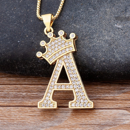 Luxury Diamond A-Z Crown Chain Pendant Necklace Hip-Hop Style Fashion